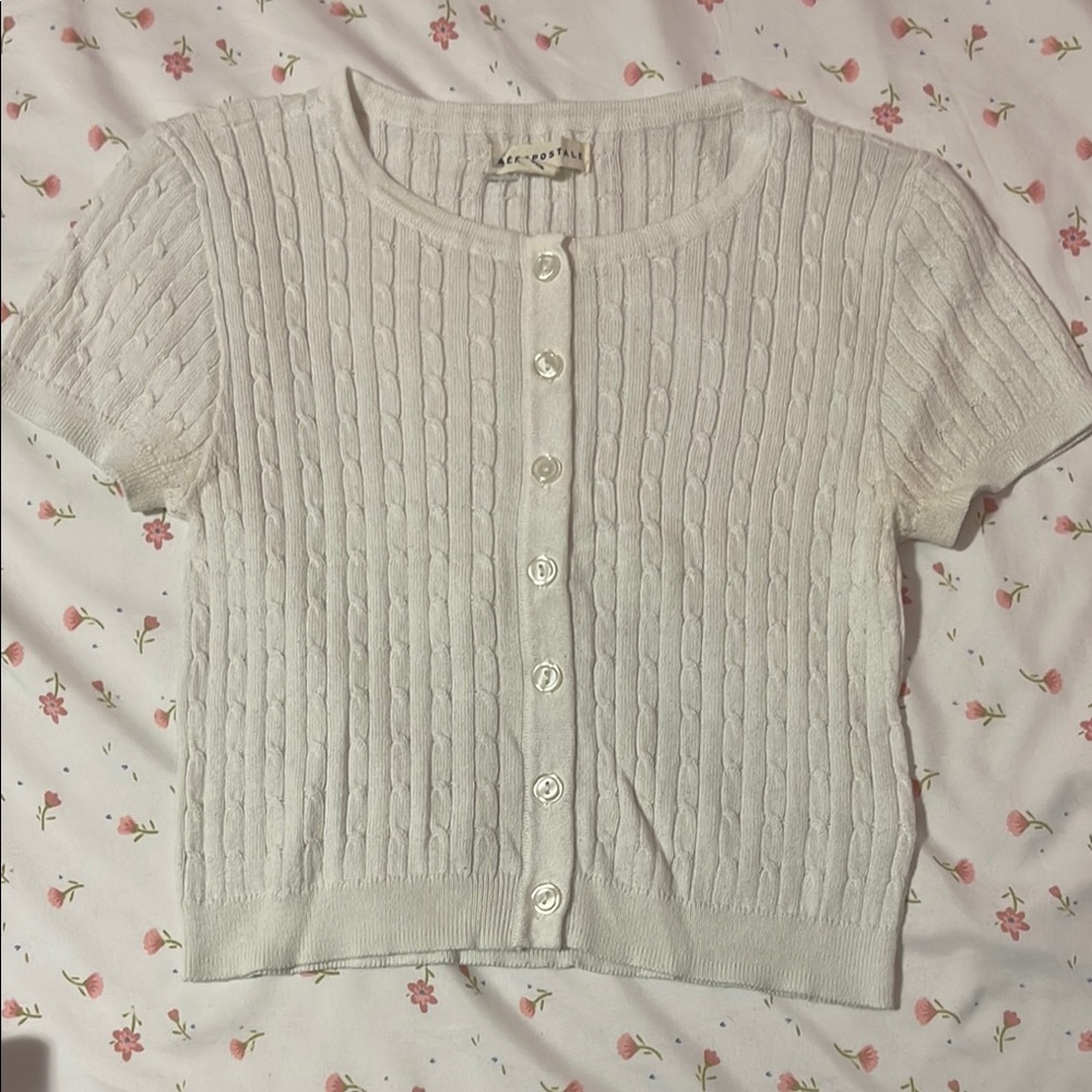 White Cable Knit Button-Up Shirt